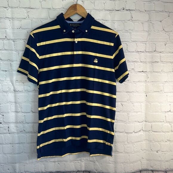 Brooks Brothers Slim Fit Blue Yellow Striped Polo M Medium Short Sleeve - Picture 1 of 7